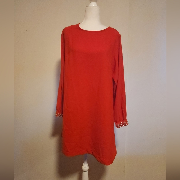 Bright Red H&M Shift Dress With Pearl Embellished Long Sleeves 12 EUC - Picture 6 of 11